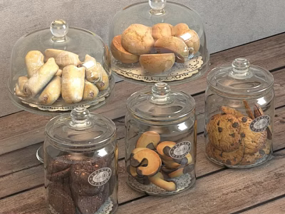 Glass Jars and Cloches Holding Various Cookies Biscuits on Wooden Surface 3d model