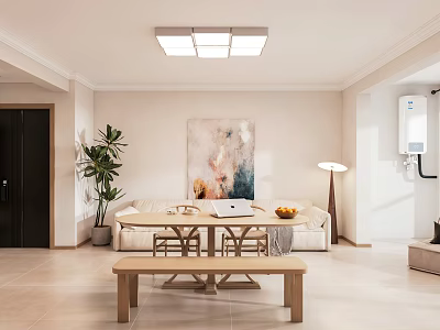 Modern Warm Living Dining Room Interior With Sofa Dining Table Abstract Art And Potted Plant 3d model