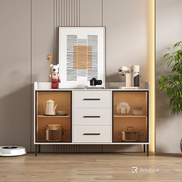 Modern Minimalist Sideboard With Decorations Coffee Machine And Tableware Near Green Plant 3d model 