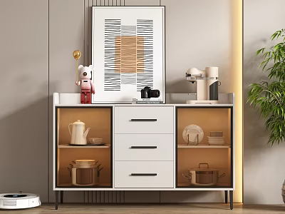 Modern Minimalist Sideboard With Decorations Coffee Machine And Tableware Near Green Plant 3d model