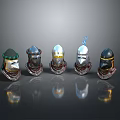 Five Medieval Warrior Helmets With Different Designs Shiny Metal Finish Displayed In Row 3d model