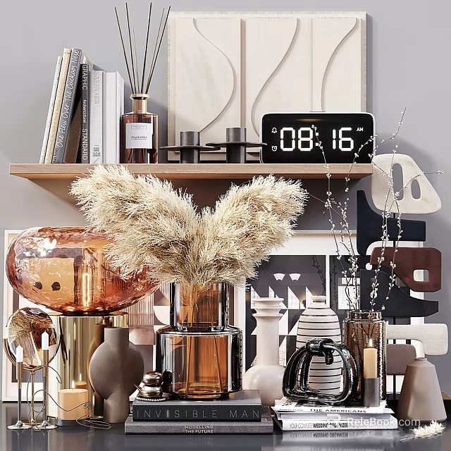 Modern Home Decorative Ornament Set With Fluffy Vases Metallic Clock And Geometric Shelf Decor 3d model 