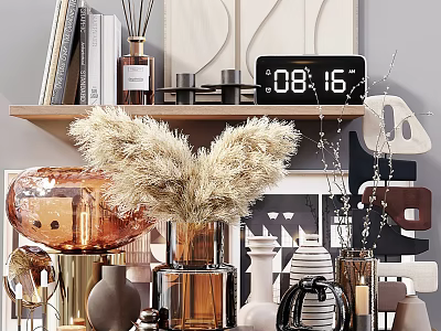 Modern Home Decorative Ornament Set With Fluffy Vases Metallic Clock And Geometric Shelf Decor 3d model