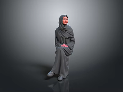 Woman in Gray Headscarf and Robe Sitting Against Gray Background with Hands Folded on Lap 3d model