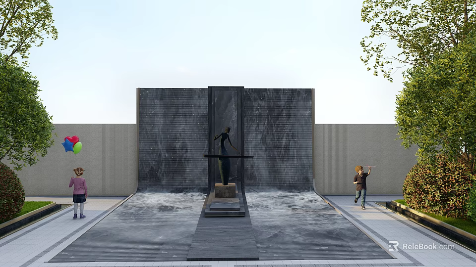 Water Feature Wall With Stone Surface Flowing Water Balloons And Trees Around 3d model 