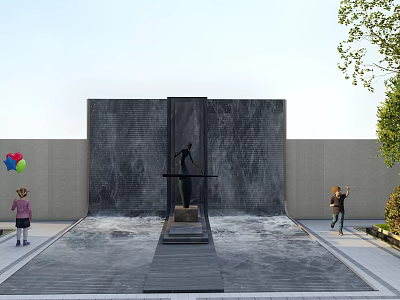 Water Feature Wall With Stone Surface Flowing Water Balloons And Trees Around 3d model