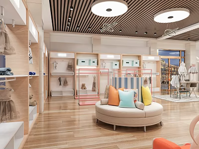 Bright Modern Specialty Store Interior With Wooden Shelves Round Sofa Colorful Pillows And Ceiling Lights 3d model