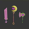 Pink Fantasy Weapons Collection with Sword Staff Axe Heart Moon and Star Design