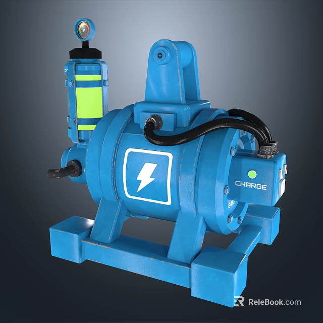 Blue Charge Equipment With Lightning Symbol Yellow Component Black Hose And Stable Base 3d model 