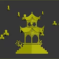 Cartoon Scene Featuring Red Chinese Pavilion Surrounded by Floating Red Clouds Against Gray Background