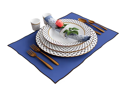 Blue and White Pattern Tableware Set with Checkered Plates Wooden Cutlery and Blue Placemat 3d model