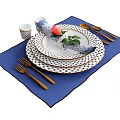 Blue and White Pattern Tableware Set with Checkered Plates Wooden Cutlery and Blue Placemat