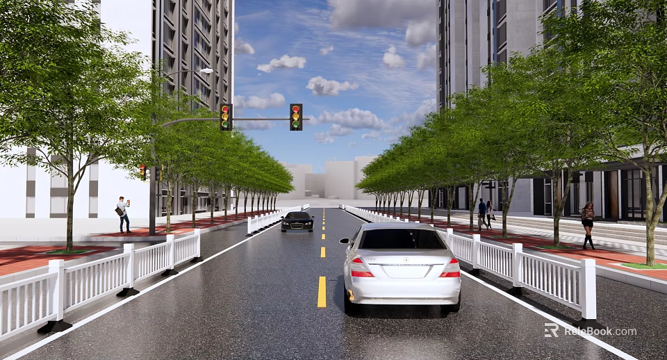 Urban Road Facilities Featuring Traffic Lights Guardrails Trees Buildings And Vehicles 3d model 
