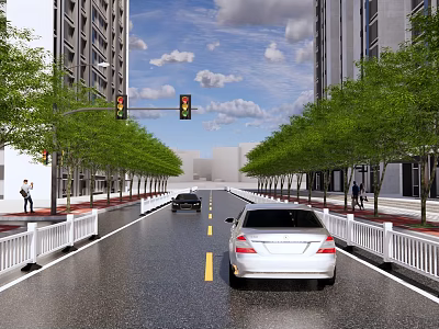 Urban Road Facilities Featuring Traffic Lights Guardrails Trees Buildings And Vehicles 3d model