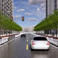 Urban Road Facilities Featuring Traffic Lights Guardrails Trees Buildings And Vehicles