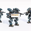 Three Blue Smart Machines Mecha Robots With Weapons In Standing Posture