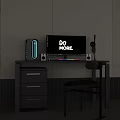 Modern Home Office Desk With Computer Monitor Speakers Rolling Drawers And Chair
