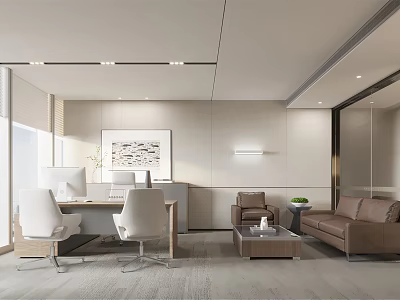 Modern Office Interior Design With Desk Chairs Sofa Artwork And Floor to Ceiling Windows 3d model