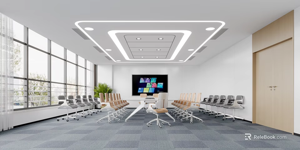 Modern Conference Room Interior With Large Windows Large Screen And Arranged Chairs 3d model 