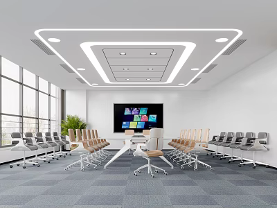 Modern Conference Room Interior With Large Windows Large Screen And Arranged Chairs 3d model