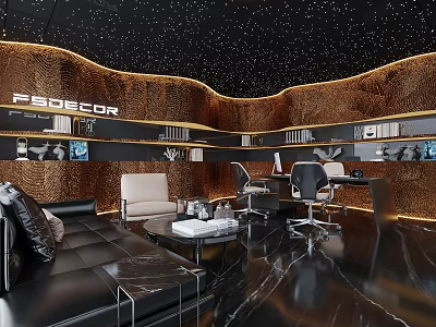 Modern Luxury Office Interior With Black Gold Starry Ceiling Sofa Desk Bookshelf Marble Floor 3d model