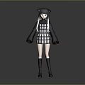 Game and Movie Character With Cat Ears Long Black Hair Plaid Dress And Black Boots