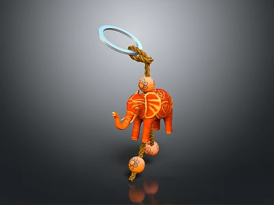 Orange Elephant Keychain With Decorative Patterns Blue Ring Rope And Small Balls 3d model