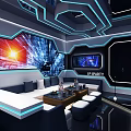 Modern KTV Interior With Blue Neon Lighting Comfortable Sofa Large Screen And Coffee Tables