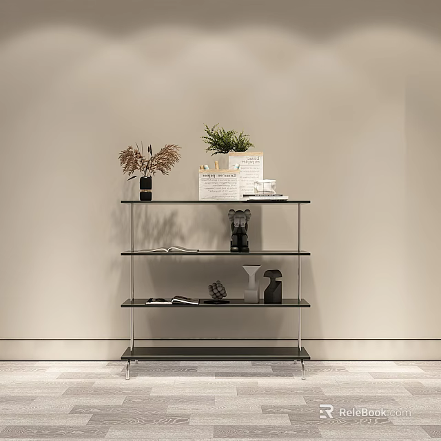 Modern Glass Metal Shelving Unit with Plants Vases Books and Decor Items in Minimalist Room 3d model 