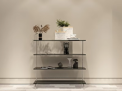 Modern Glass Metal Shelving Unit with Plants Vases Books and Decor Items in Minimalist Room 3d model