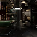 Elegant Modern Bar Interior With Green Lighting Curved Design Round Tables And Sofa Chairs
