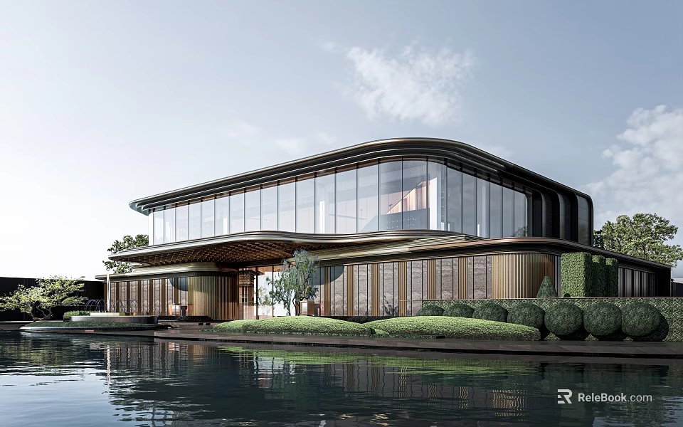 Modern Sales Office Building Featuring Glass Curtain Wall By Waterfront With Greenery And Reflective Surface 3d model 