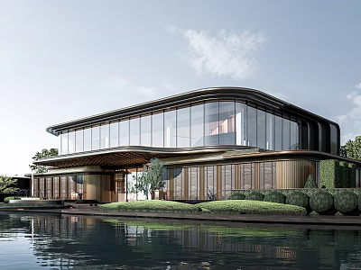 Modern Sales Office Building Featuring Glass Curtain Wall By Waterfront With Greenery And Reflective Surface 3d model