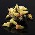 Fresh Ripe Pears in Metal Wire Basket with Scattered Ones on Black Background