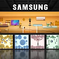 SAMSUNG Window Display Featuring Cartoon Scene Houses Trees Figure And Decorative Panels