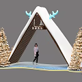 Triangle White Structure With Blue Antlers Golden Christmas Trees And Merry Christmas Sign Photo Spot