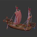 Ancient Wooden Sailing Ship Model with Red and White Striped Sail Decorative Flags and Towers