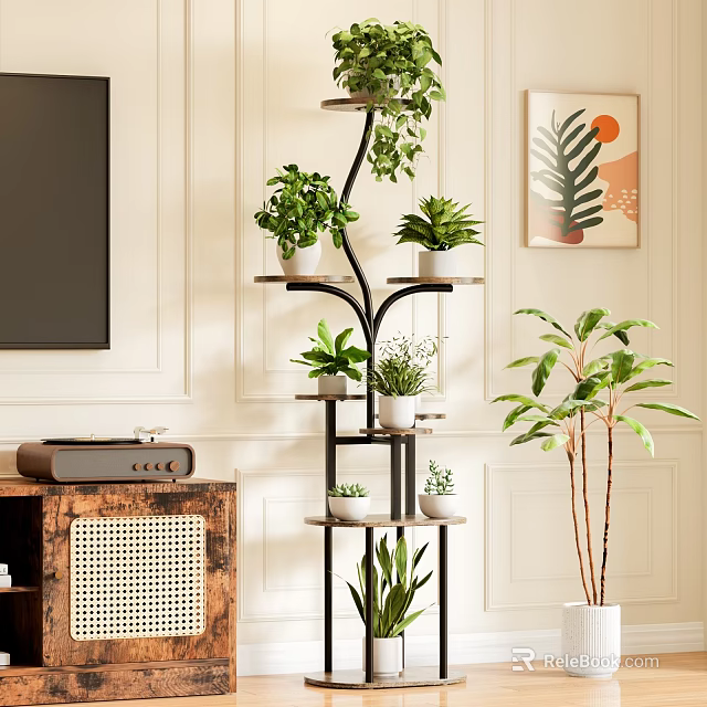 Stylish Multi-tiered Indoor Plant Stand With Various Green Plants For Garden Decor 3d model 