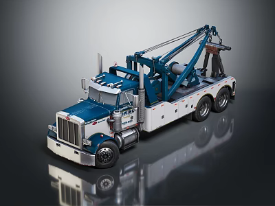 Blue And White Heavy Duty Tow Truck With Crane And Flatbed Design 3d model