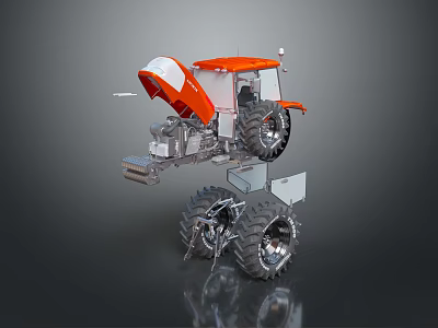 Orange And White Agricultural Machinery With Large Tires Mechanical Structure And Equipment 3d model
