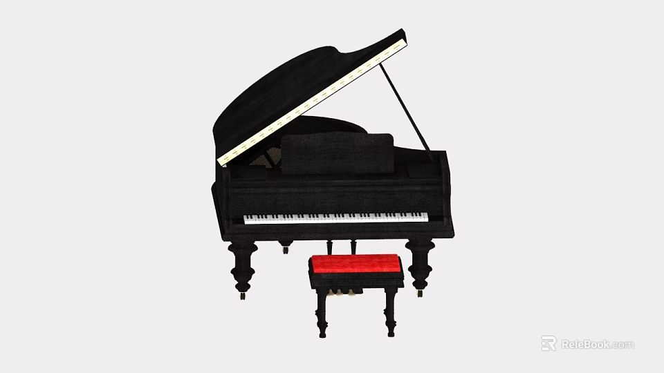 Elegant Decorative Ornament Set Featuring Black Grand Piano And Red Stool 3d model 