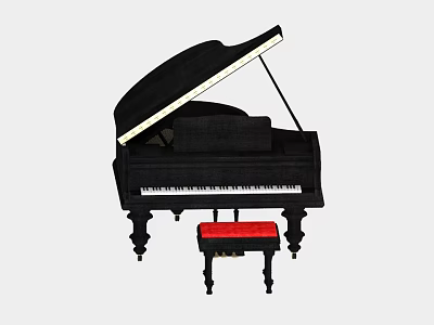 Elegant Decorative Ornament Set Featuring Black Grand Piano And Red Stool 3d model