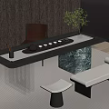 Modern Tea Table and Chairs with Marble Top Chair Bench Green Plant and Tea Set