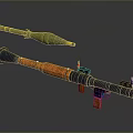 Rocket Launcher With Orange Wooden Grip And Green Rocket Projectile On Dark Reflective Surface