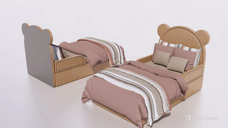 Children's Bed with Mickey Ear Shaped Headboard Light Wood Frame and Pink Striped Bedding 3d model 