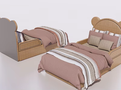 Children's Bed with Mickey Ear Shaped Headboard Light Wood Frame and Pink Striped Bedding 3d model