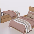 Children's Bed with Mickey Ear Shaped Headboard Light Wood Frame and Pink Striped Bedding