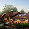 Wooden Houses Set On Green Grass With Blue Sky Brown Roofs And Wooden Siding