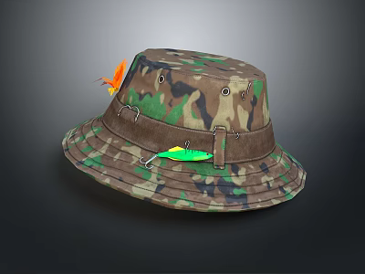Camouflage Bucket Hat With Brown Belt Buckle Orange Decoration And Green Tag 3d model