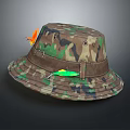 Camouflage Bucket Hat With Brown Belt Buckle Orange Decoration And Green Tag